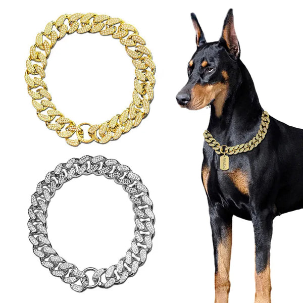 Coleira de plástico abs para cachorro, corrente com diamante embutido brilhante, colar de buldogue, acessórios para animais de estimação, cães pequenos, médios e grandes, dourados
