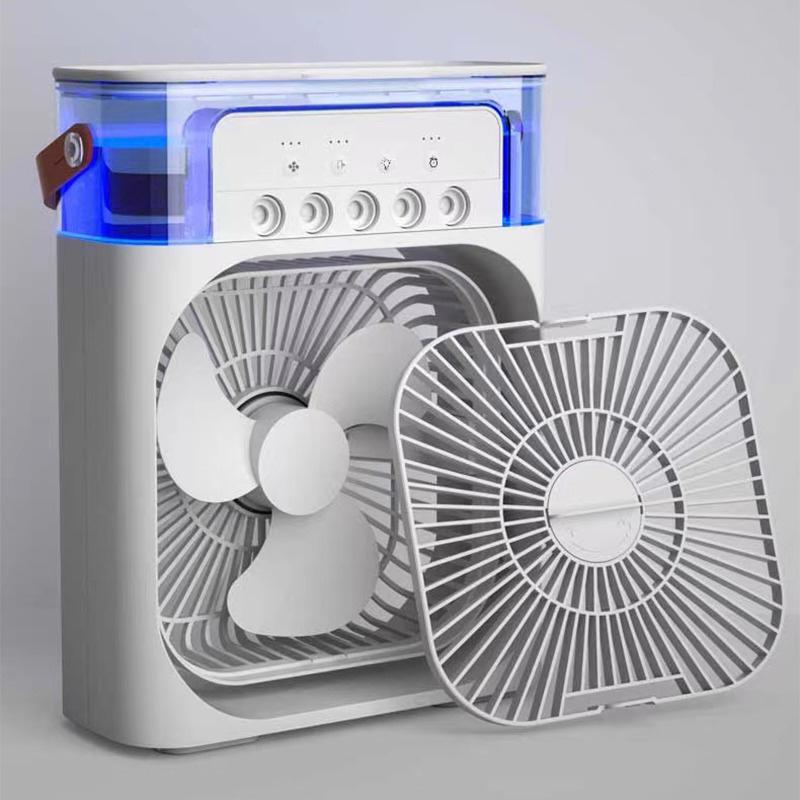 Ventilador de resfriamento de ar condicionado de 6 polegadas com 3 velocidades 5 sprays 7 luzes coloridas Ventilador portátil umidificador refrigerador de ar